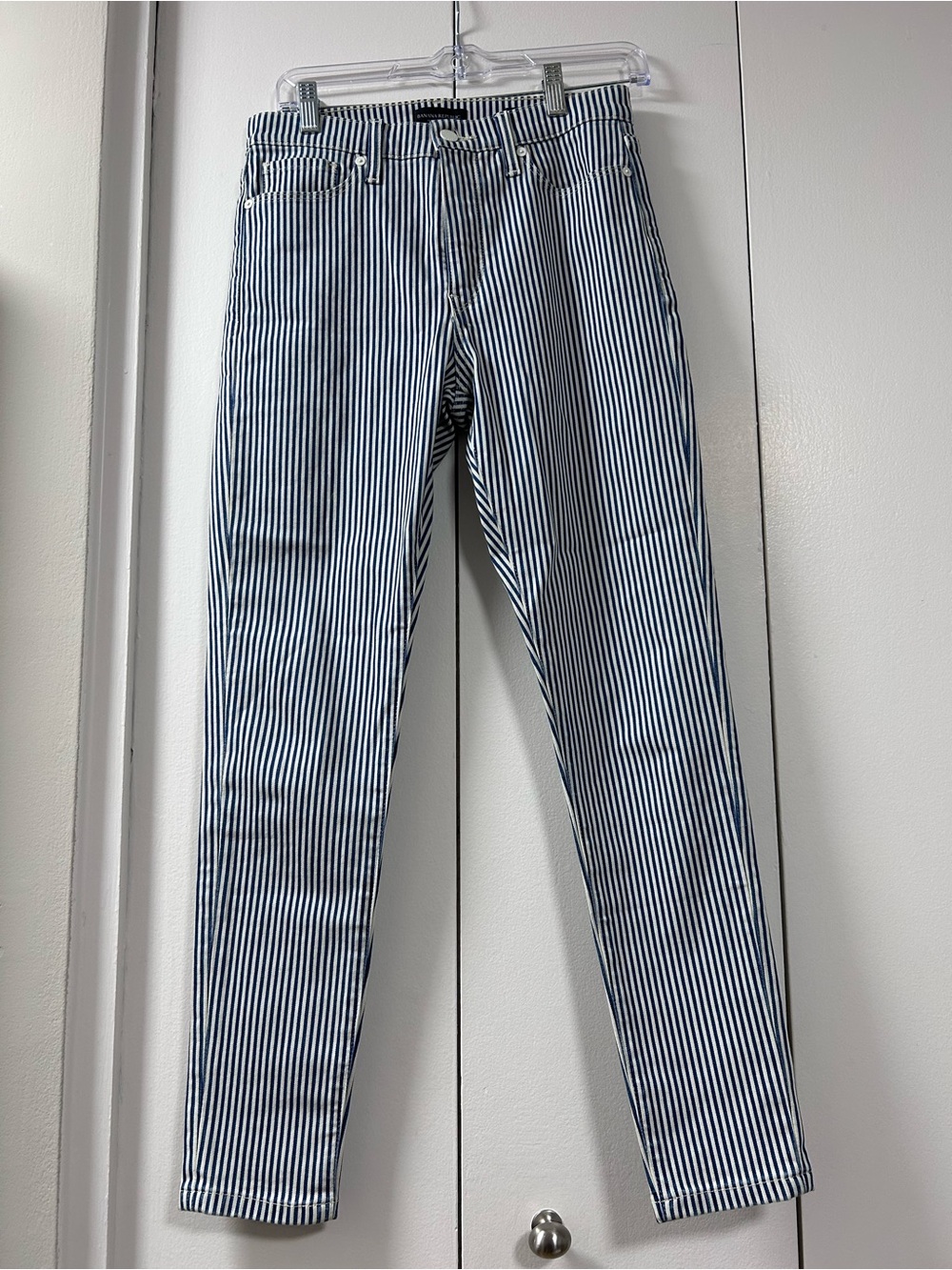 Banana Republic Navy and White Striped Skinny Jeans